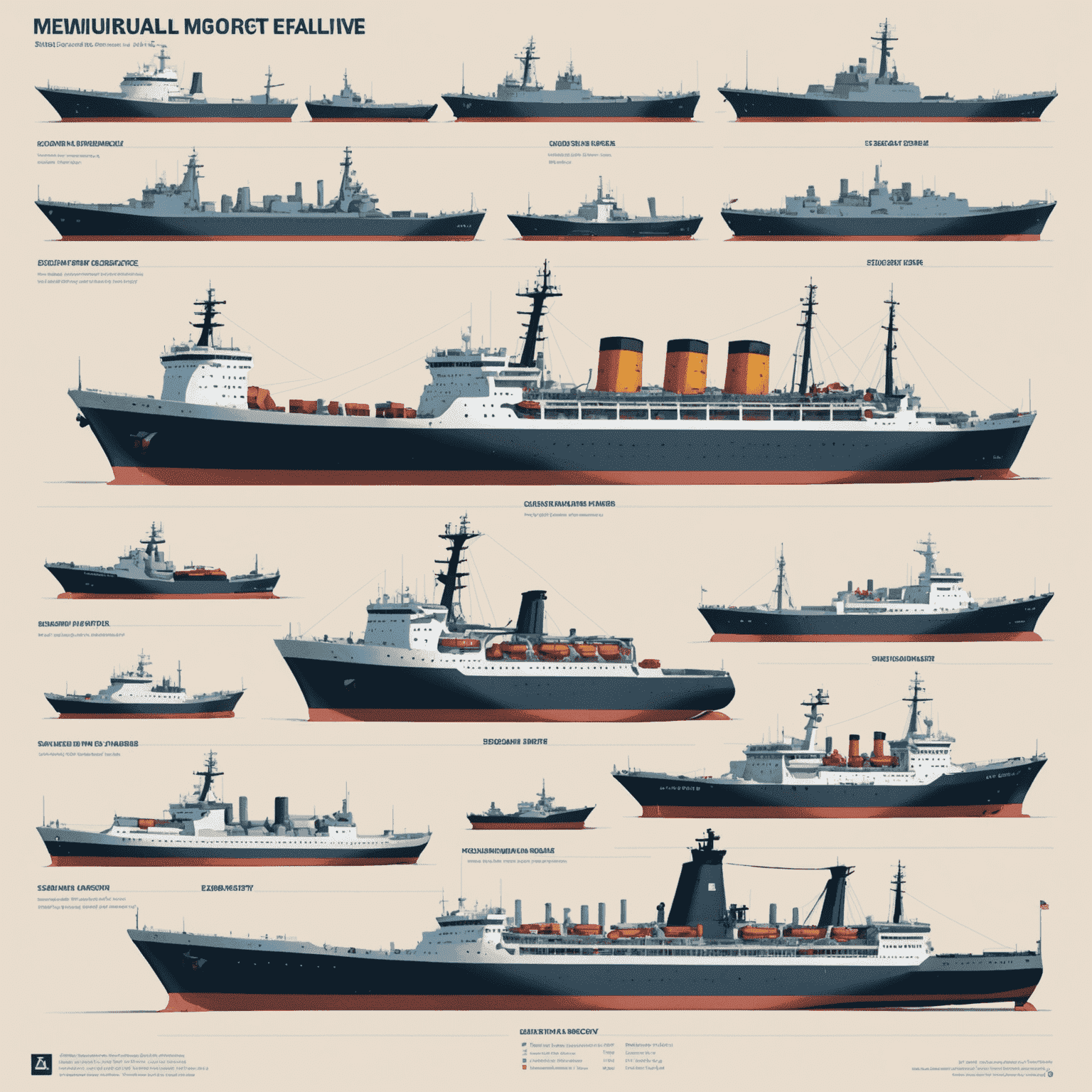 Farklı türde ve boyutta gemilerin yan yana dizildiği, her birinin özelliklerini gösteren bir infografik